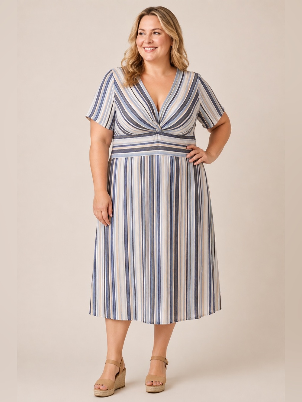 Time Square 4X Blue Striped Twist Front Midi Dress 100% Rayon Plus Size